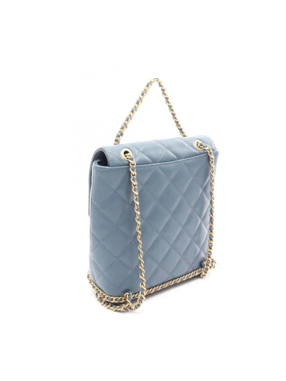 Chanel Backpack Quilted Camellia Chain Around Smoky Blue Caviar Leather